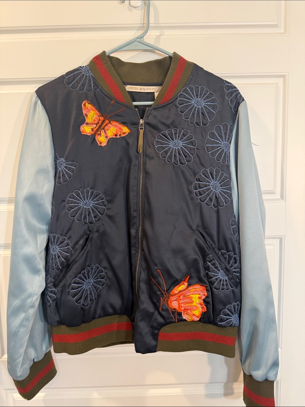 Chelsea & Violet Navy and Light Blue Embroidered Bomber Jacket - Picture 5 of 5